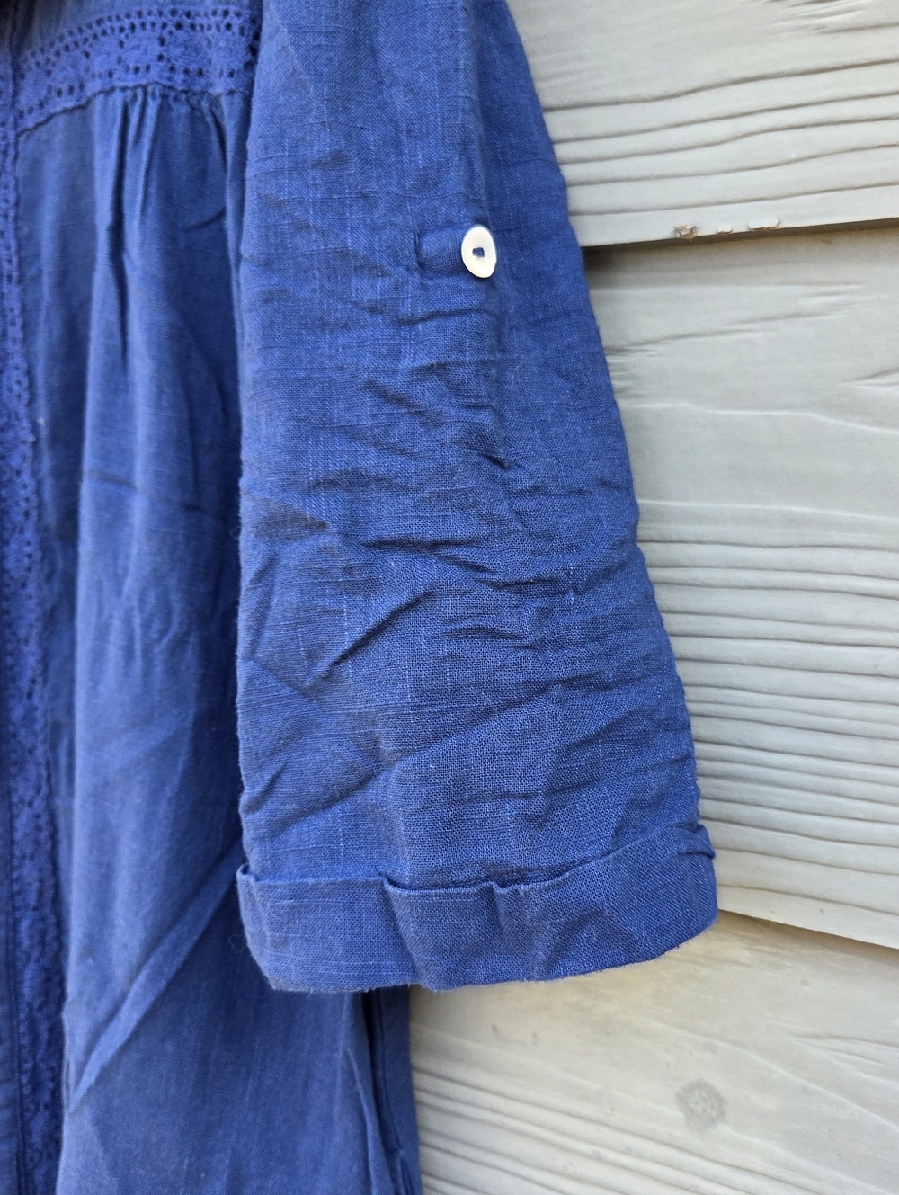 Margaux Riviera Blue Viscose Shirt Dress Eyelet Lace Trim Button Front Sz M/L - Picture 4 of 9